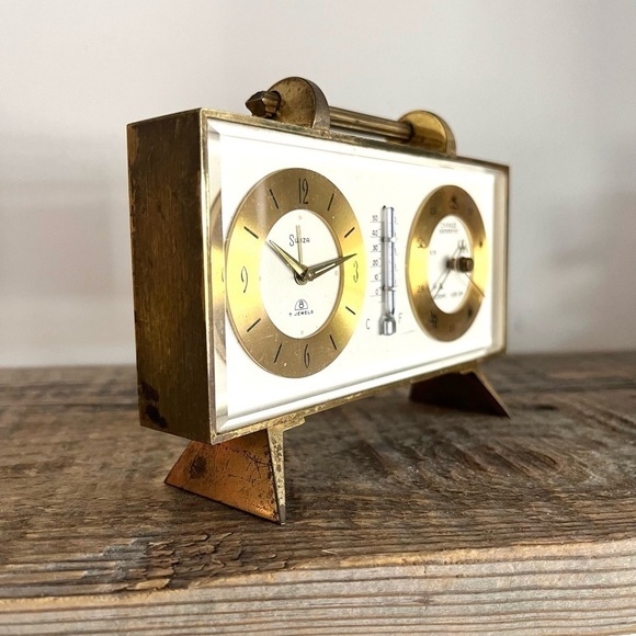 VTG Swiza brass alarm clock and barometer - Picture 6 of 8